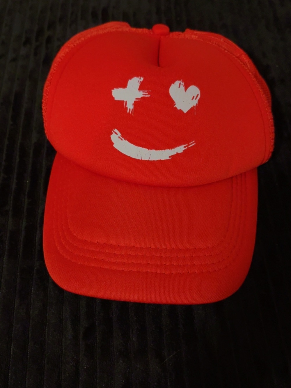 SHEIN Red Smiley Trucker Hat with White Graphic